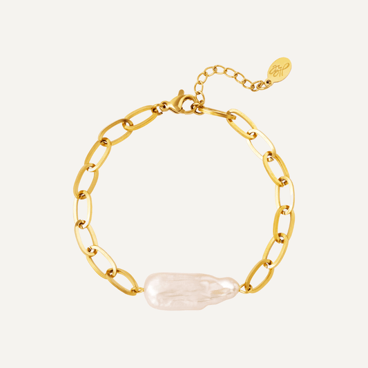 Bracciale Lana catena impreziosito da una grande perla d'acqua dolce, Realizzato in acciaio inossidabile, Finitura oro - Trinwel.com