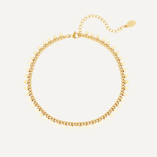 Cavigliera Cristina impreziosita da pendenti a forma di cuore, Realizzata in acciaio inossidabile, Finitura oro - Trinwel.com